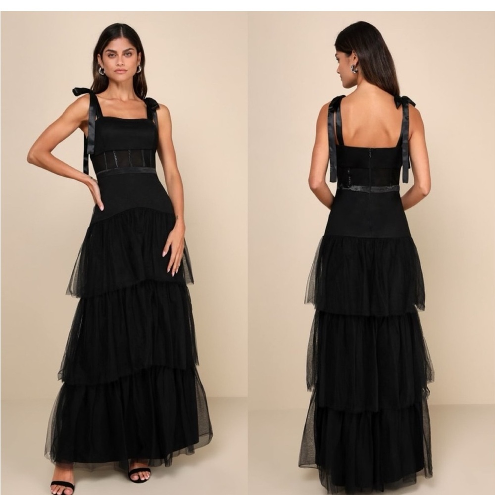 LULUS NWT Mystique Black Tulle Tie-Strap Tiered Maxi Dress Formal XXS